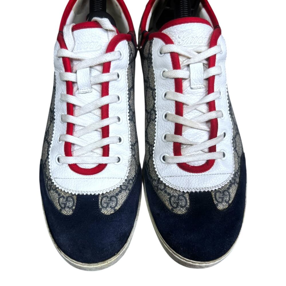 Gucci BeigeBlue GG Supreme Men's US 9 Canvas & Suede Shoes Low Top Sneakers - Picture 2 of 8